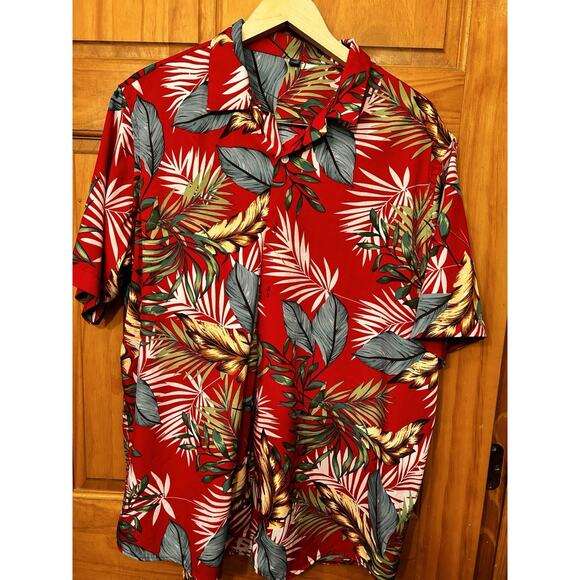 Design In Italy Luxury Mens XL Hawaiian Camp Shirt Green Red Palm Tree Floral - Picture 1 of 6
